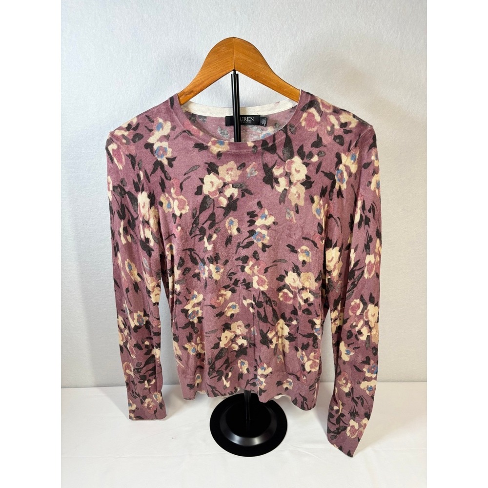 Lauren Ralph Lauren Floral Sweater Womens L Mauve Pink Lightweight Cotton Modal